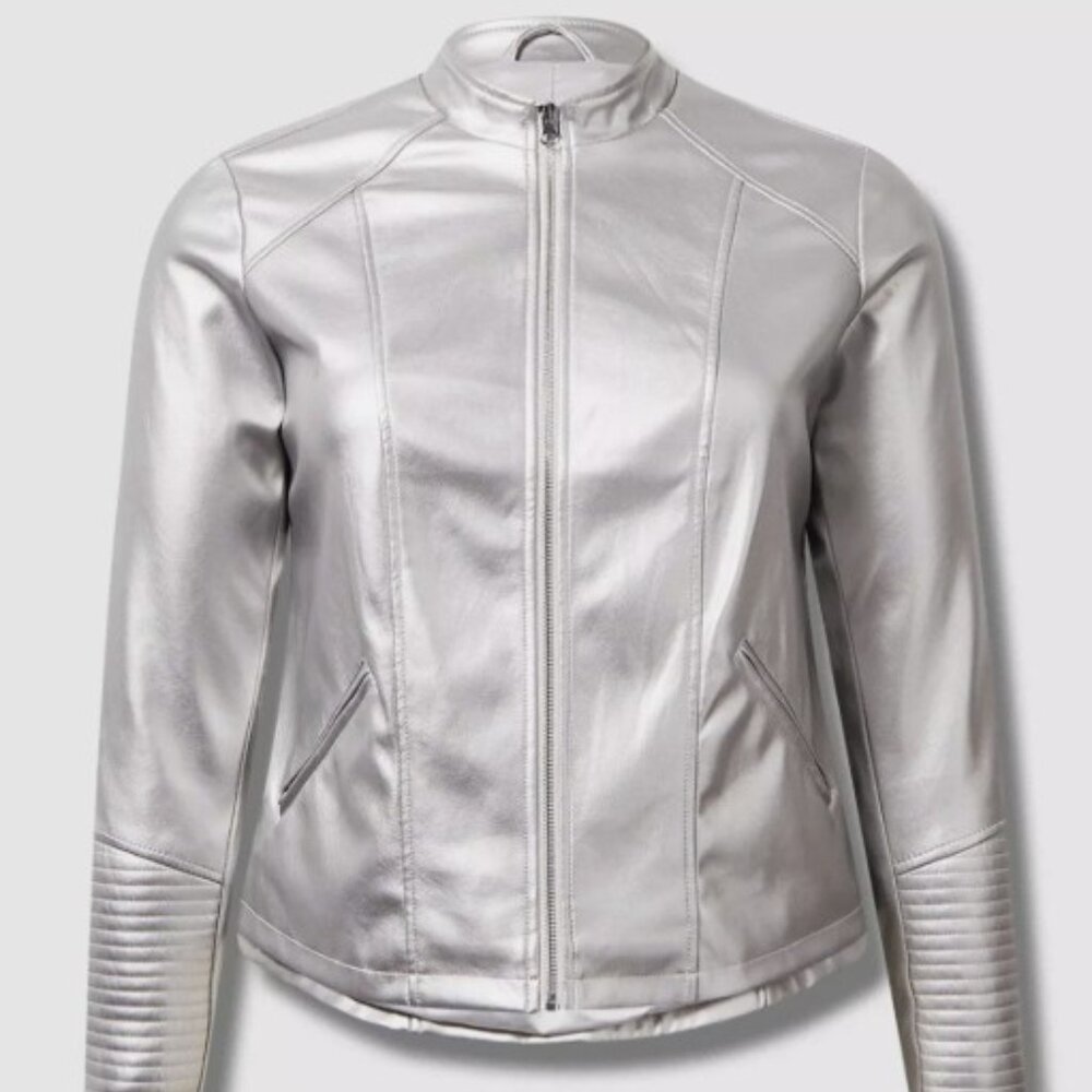Torrid Metallic Silver Faux Leather Zip Moto Jacket Size 1 - Picture 4 of 12